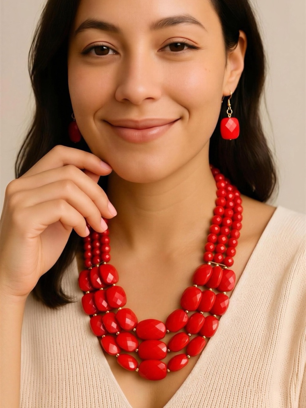 Red Multi-Strand Beaded Necklace and Earring Set - Women Jewelry